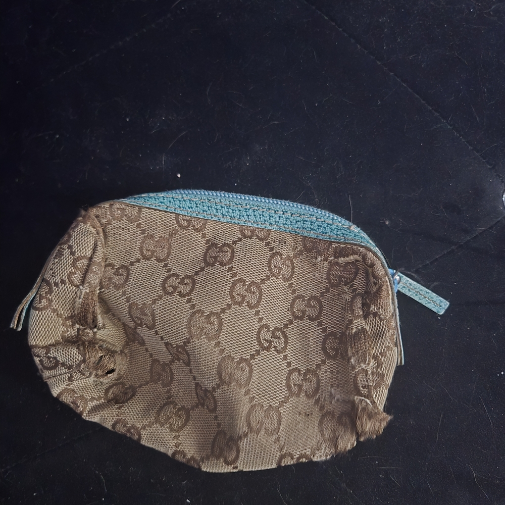 Gucci Brown Monogram Cosmetic Bag with Teal Trim